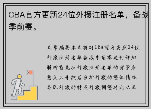 CBA官方更新24位外援注册名单，备战季前赛。